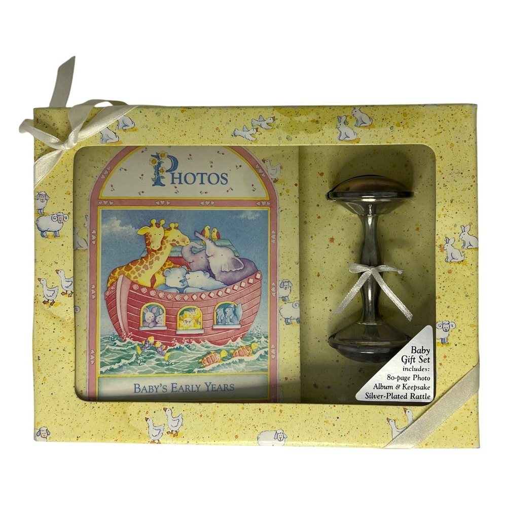 C.R. Gibson Baby Gift Set Noah's Ark Photo Album Silver Plated Rattle